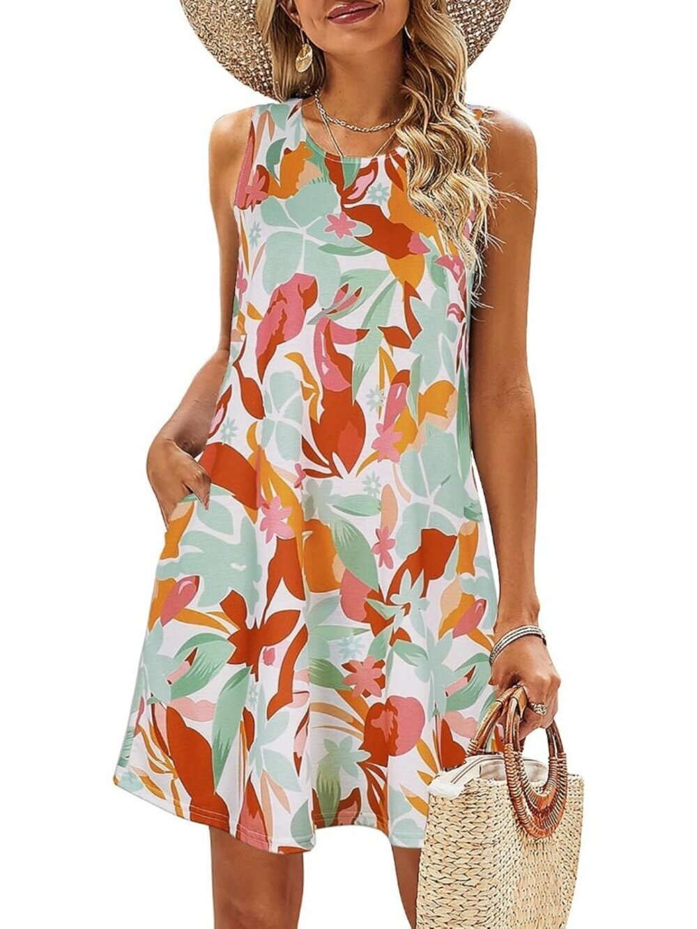 Women's Orange Floral Beach Floral Shirt Sundress Casual Pockets Boho Tank Dress